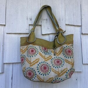 Fossil Canvas Tote Bag Floral Print Khaki Green Leather Trim Key Charm